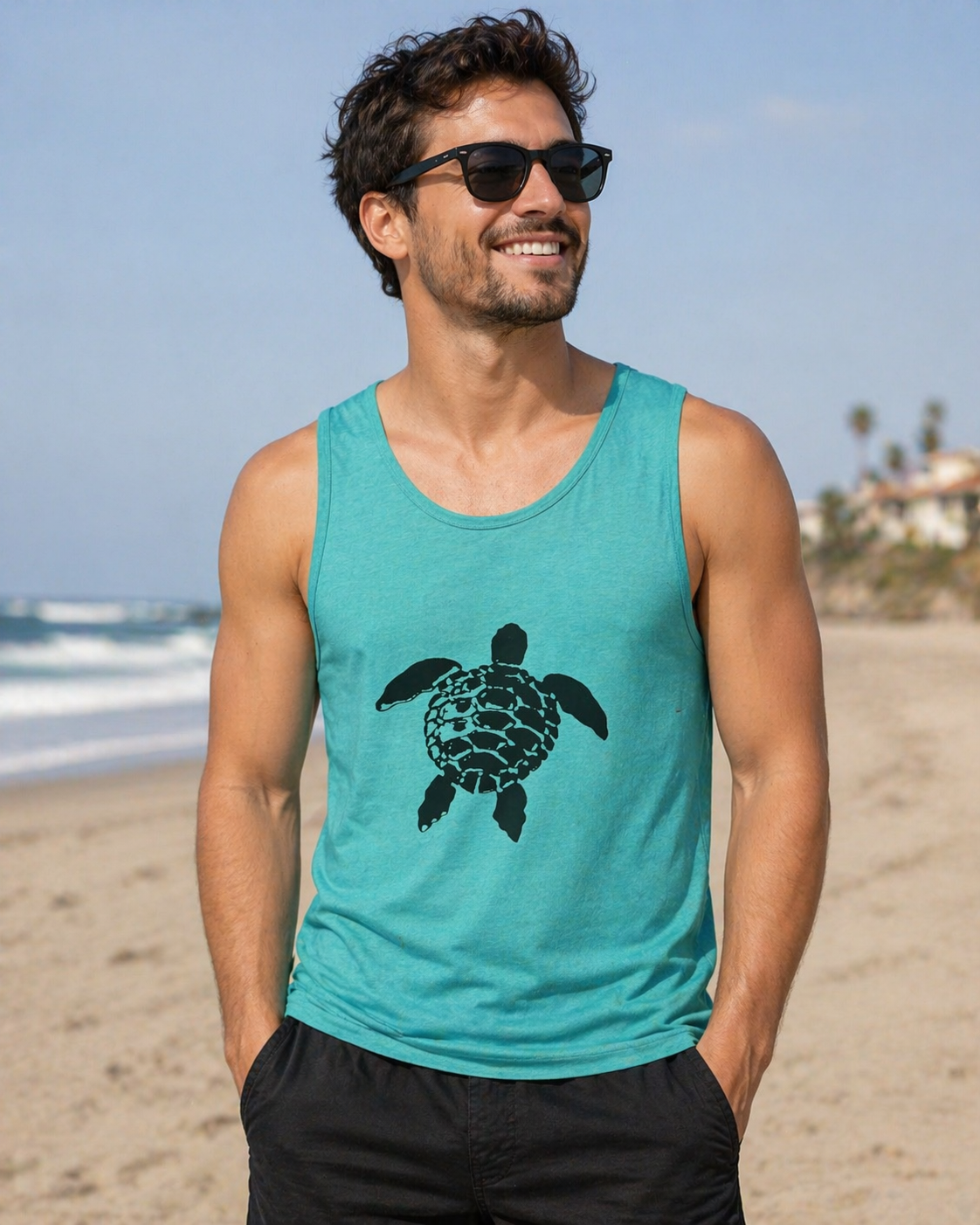 Men's Teal Sea Turtle Graphic Tank Top - Beach Ready Summer Style
