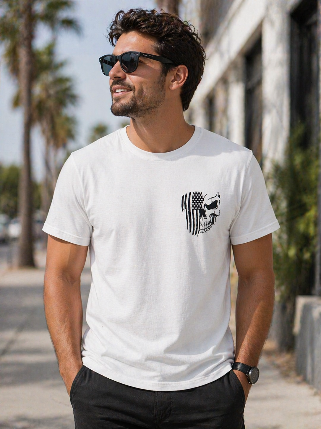 Patriotic Skull & American Flag Graphic T-Shirt - Multi-Color Classic Tee